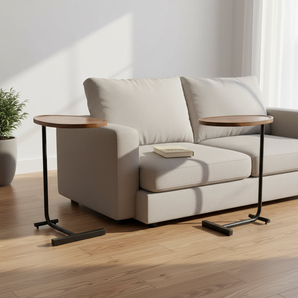 Set of Two Brown and Black Wood and Metal Oval End Tables