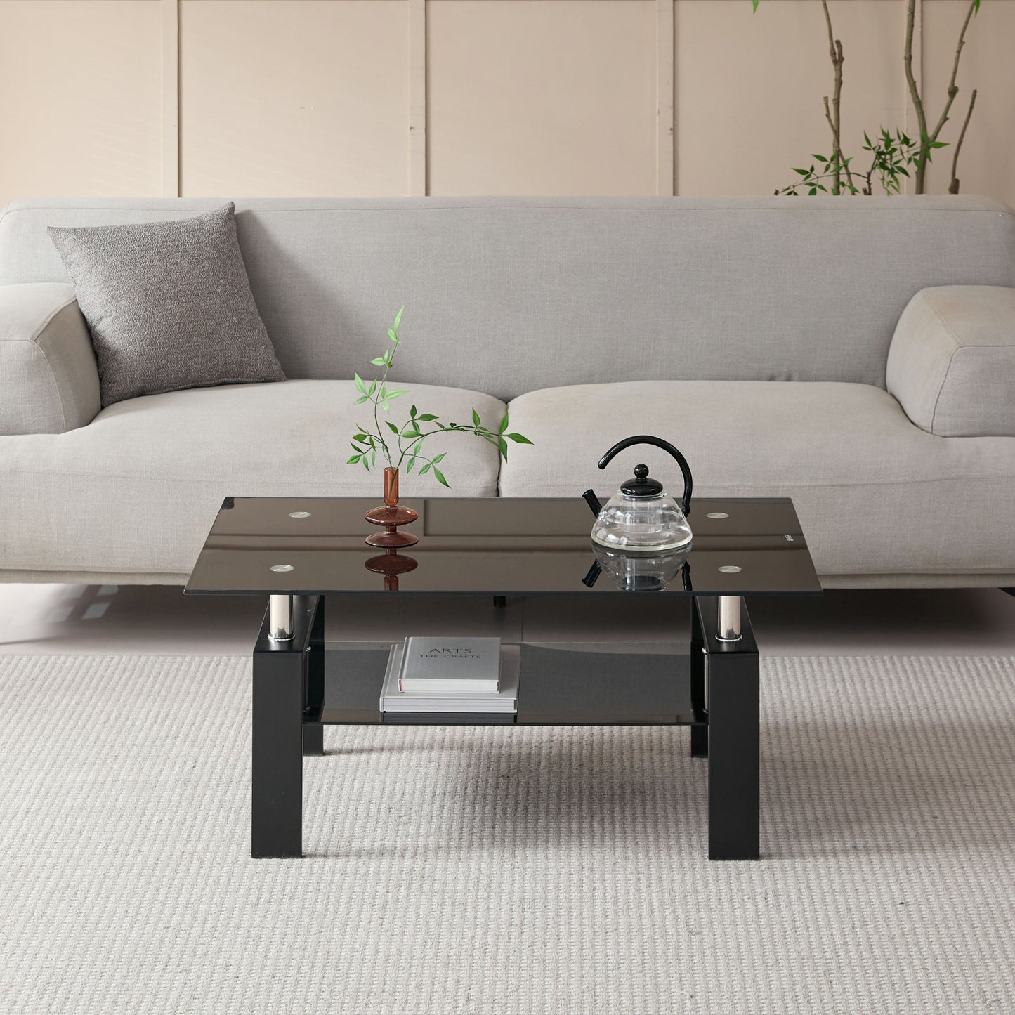 39" Black Glass and Steel Coffee Table With Shelf