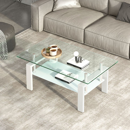 39" Clear and White Glass and Steel Coffee Table With Shelf