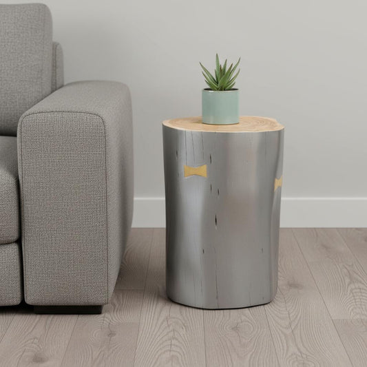 22" Gray Wood and Solid Wood Round Drum End Table