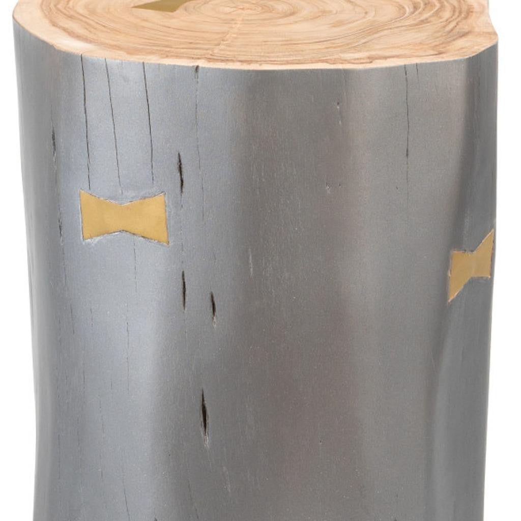 22" Gray Wood and Solid Wood Round Drum End Table