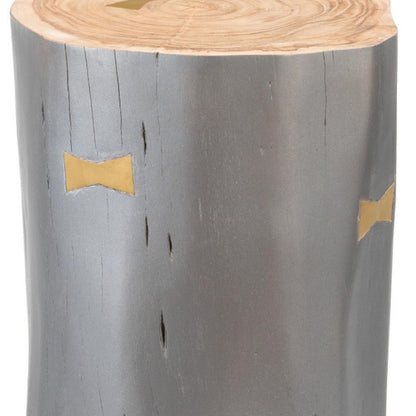 22" Gray Wood and Solid Wood Round Drum End Table