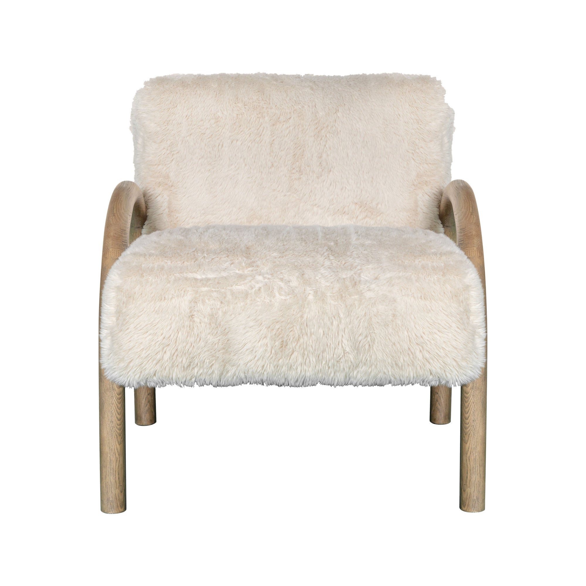 30" Off White and Natural Faux Fur And Wood Arm Chair