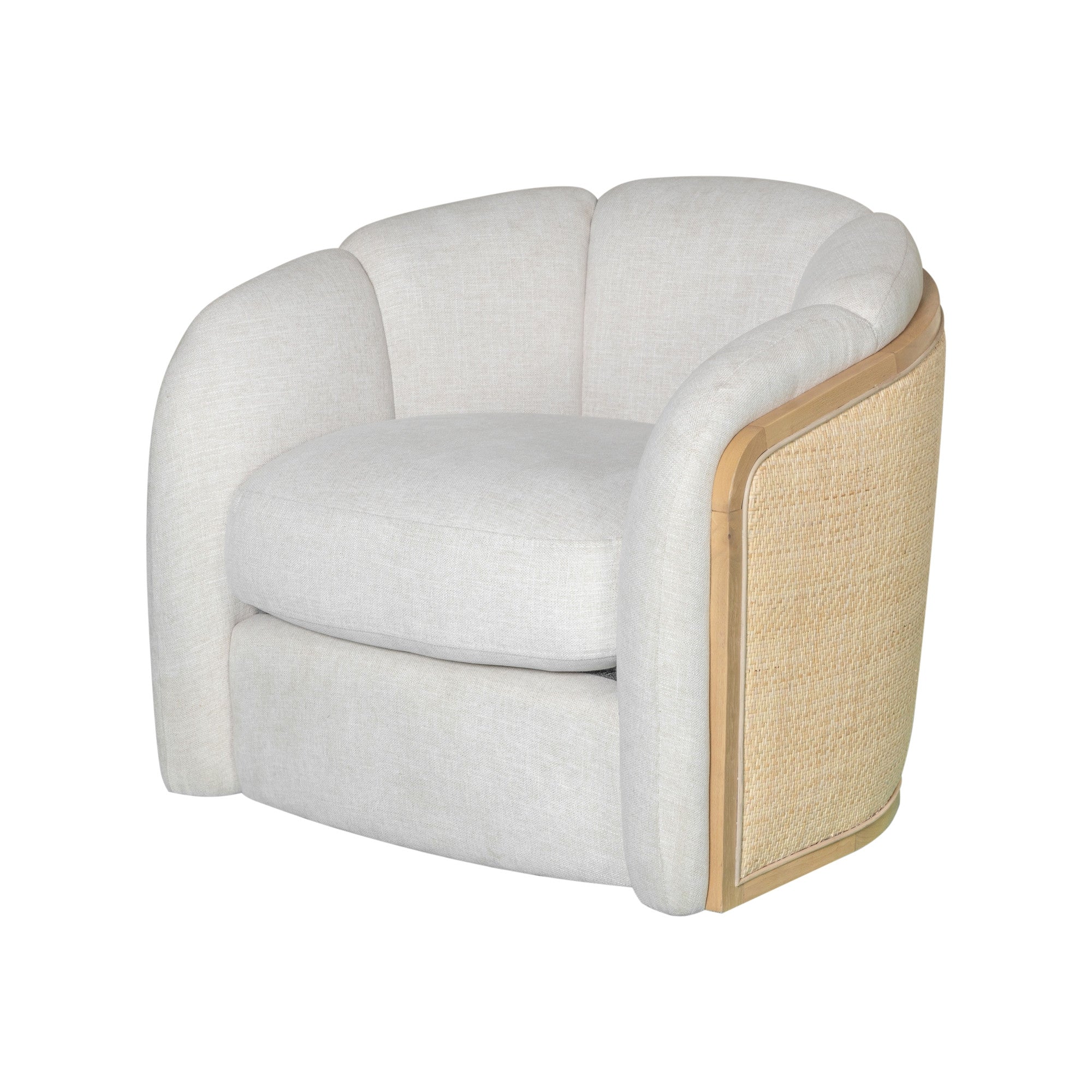 34" Off White and Natural Fabric Wood And Rattan Swivel Arm Chair
