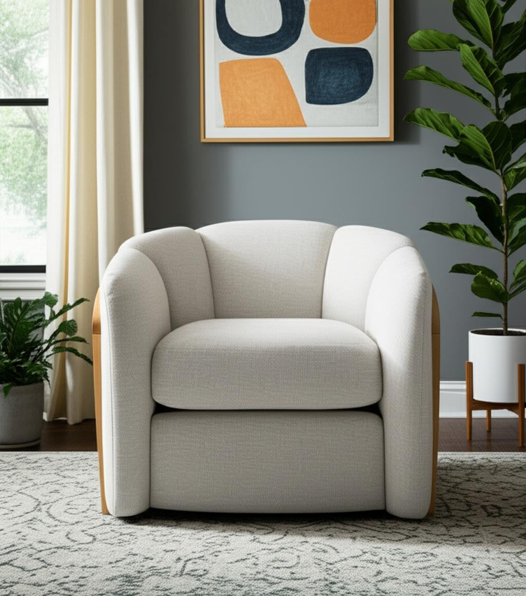 34" Off White and Natural Fabric Wood And Rattan Swivel Arm Chair