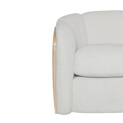 34" Off White and Natural Fabric Wood And Rattan Swivel Arm Chair