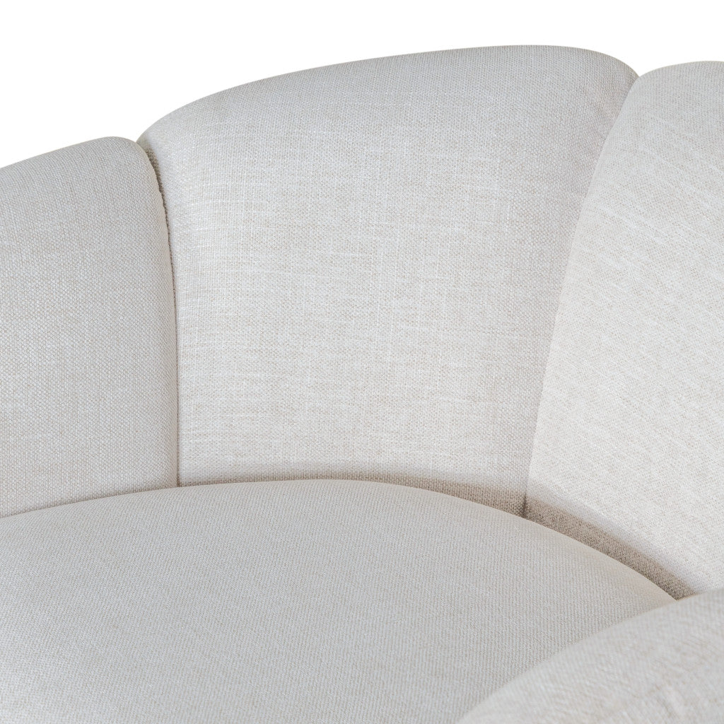 34" Off White and Natural Fabric Wood And Rattan Swivel Arm Chair