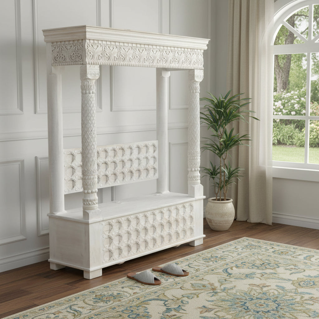 70" White Floral Solid Wood Solid Wood Storage Bench with Flip Top