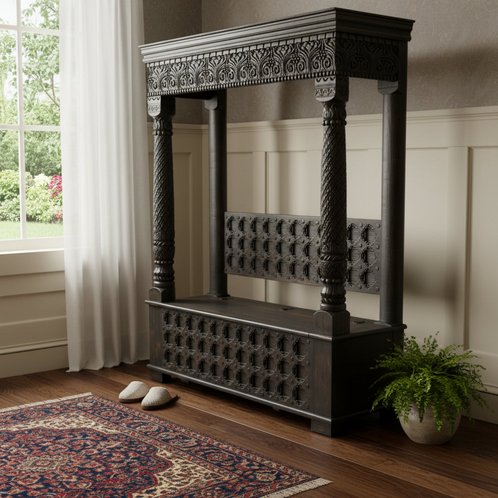 70" Black Floral Solid Wood Solid Wood Storage Bench with Flip Top