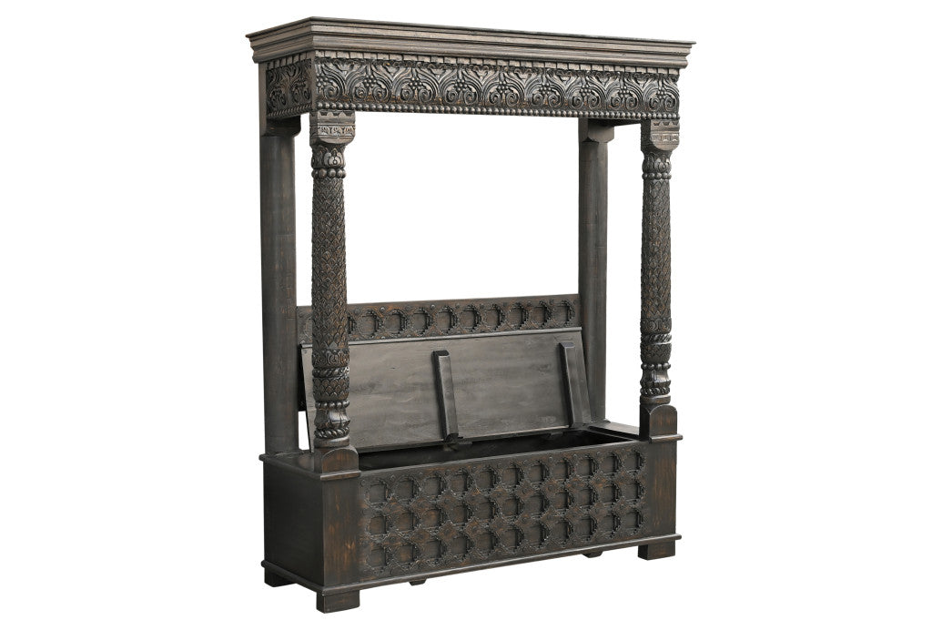 70" Black Floral Solid Wood Solid Wood Storage Bench with Flip Top