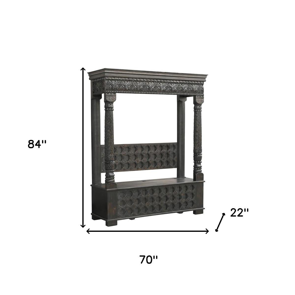 70" Black Floral Solid Wood Solid Wood Storage Bench with Flip Top