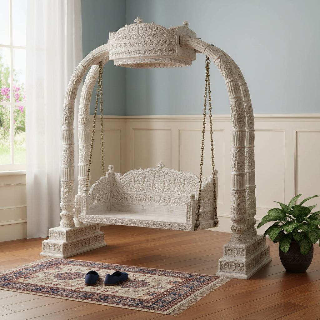 89" White Floral Solid Wood Distressed Solid Wood Bench