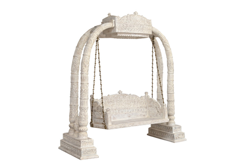 89" White Floral Solid Wood Distressed Solid Wood Bench