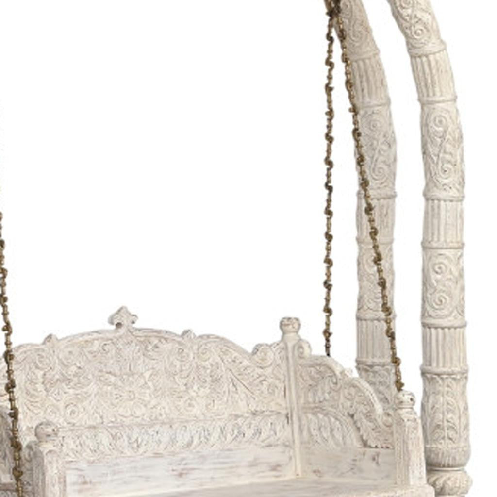 89" White Floral Solid Wood Distressed Solid Wood Bench