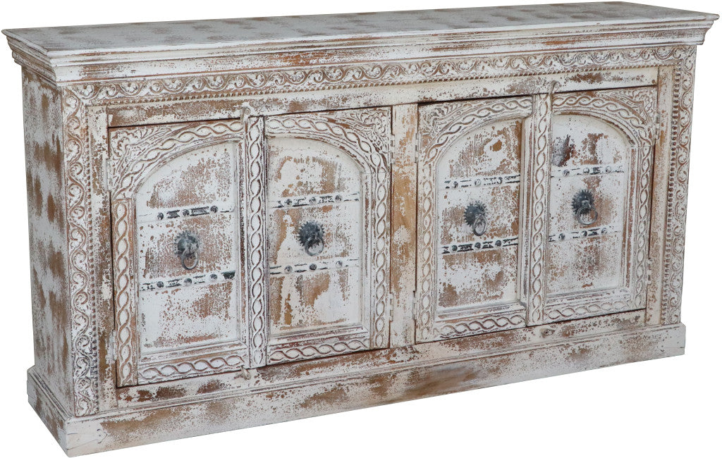 75" White Distressed Solid Wood Carved Floral Sideboard with Four Doors