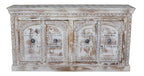 75" White Distressed Solid Wood Carved Floral Sideboard with Four Doors