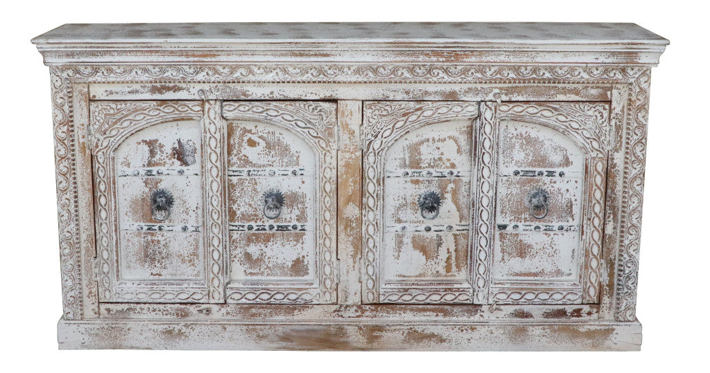 75" White Distressed Solid Wood Carved Floral Sideboard with Four Doors