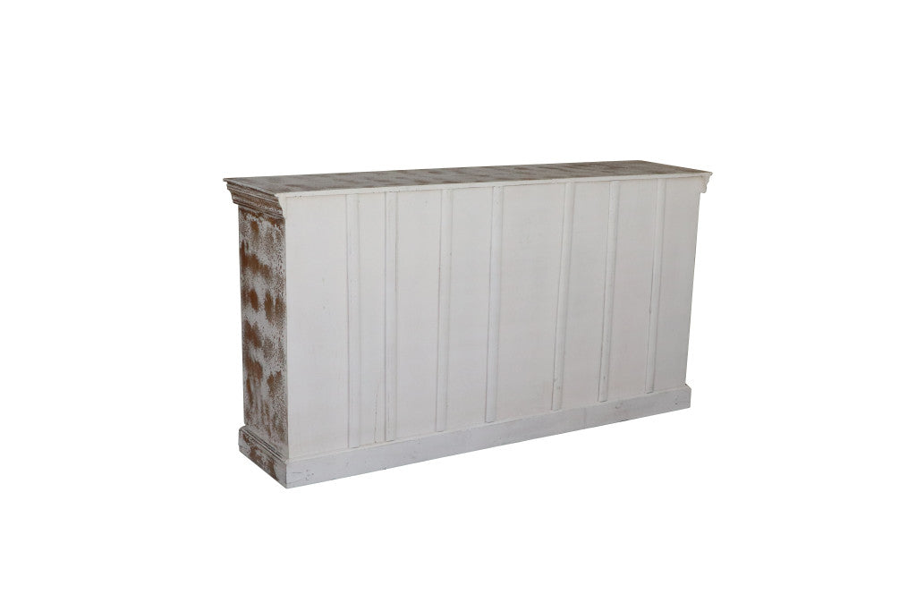75" White Distressed Solid Wood Carved Floral Sideboard with Four Doors