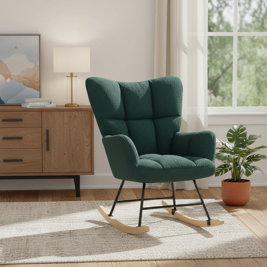 23" Green and Black Boucle Steel And Wood Glider Rocking Chair