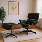 27" Black and Light Brown Tufted Genuine Leather Swivel Lounge Chair With Ottoman