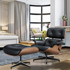 27" Black and Light Brown Tufted Genuine Leather Swivel Lounge Chair With Ottoman