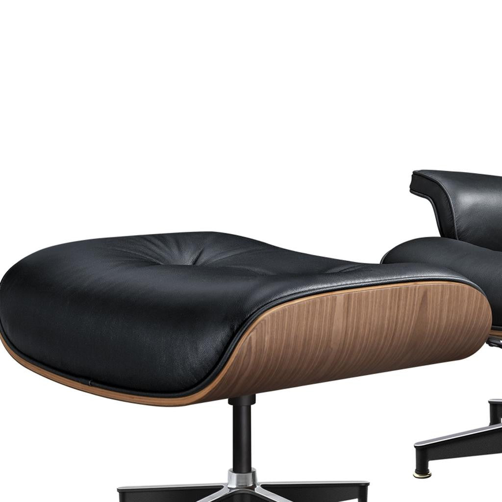 27" Black and Light Brown Tufted Genuine Leather Swivel Lounge Chair With Ottoman