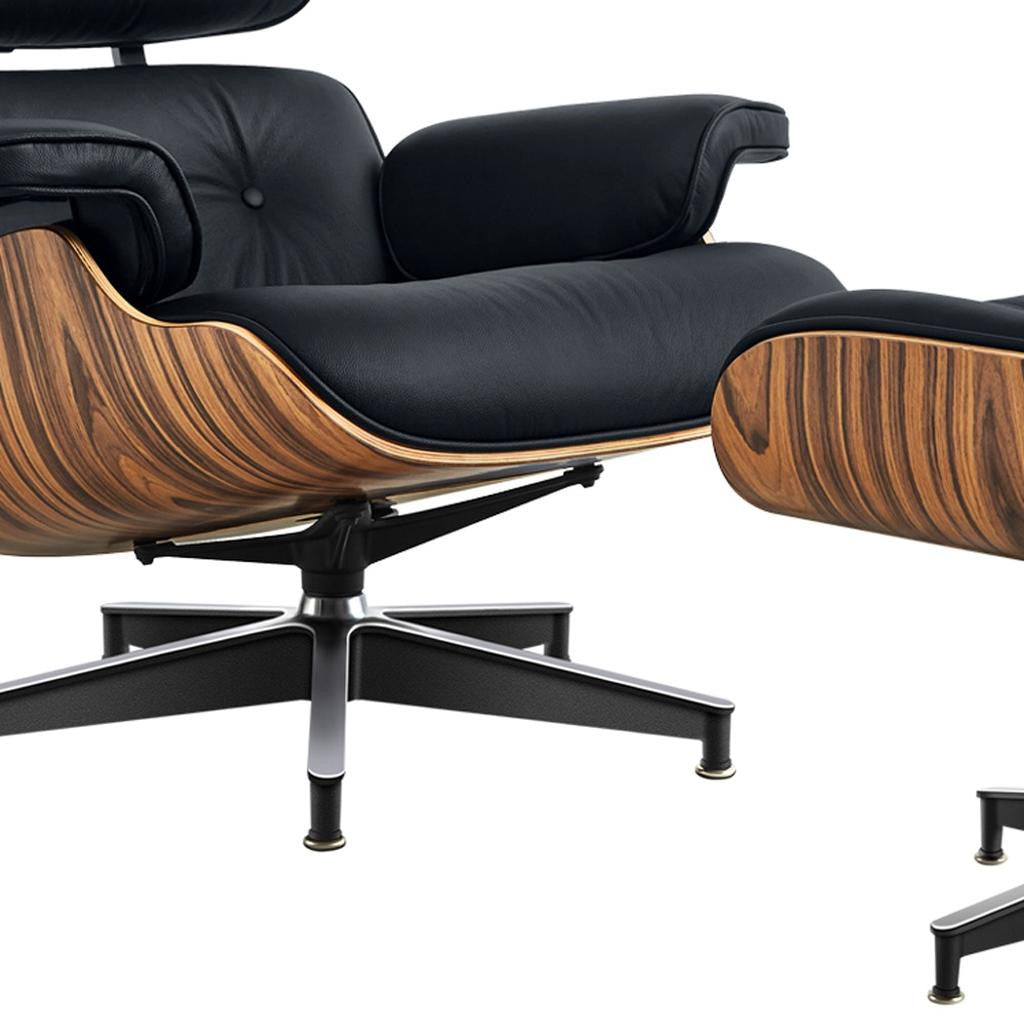 27" Black and Brown Tufted Genuine Cowhide Swivel Lounge Chair With Ottoman