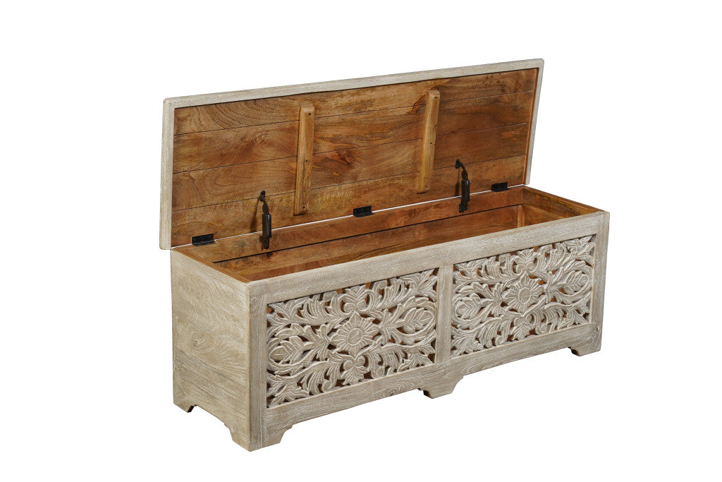 52" Gray Distressed Solid Wood Carved Floral Storage Ottoman