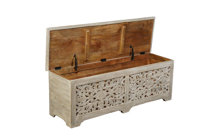 52" Gray Distressed Solid Wood Carved Floral Storage Ottoman