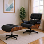 28" Black and Rosewood Tufted Genuine Leather Lounge Chair With Ottoman