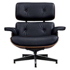 28" Black and Rosewood Tufted Genuine Leather Lounge Chair With Ottoman