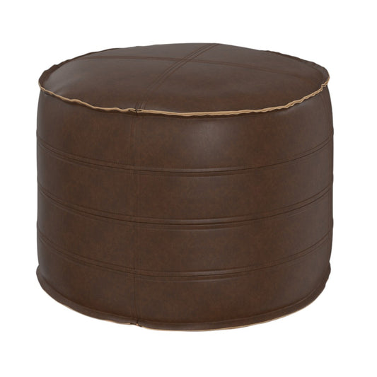 20" Brown Faux Leather Round Pouf Ottoman