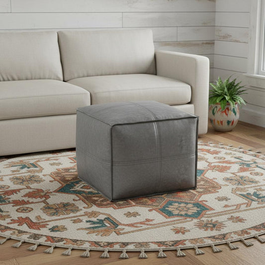 18" Gray Faux Leather Pouf Ottoman