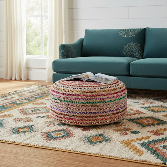 30" Blue Jute Round Pouf Ottoman