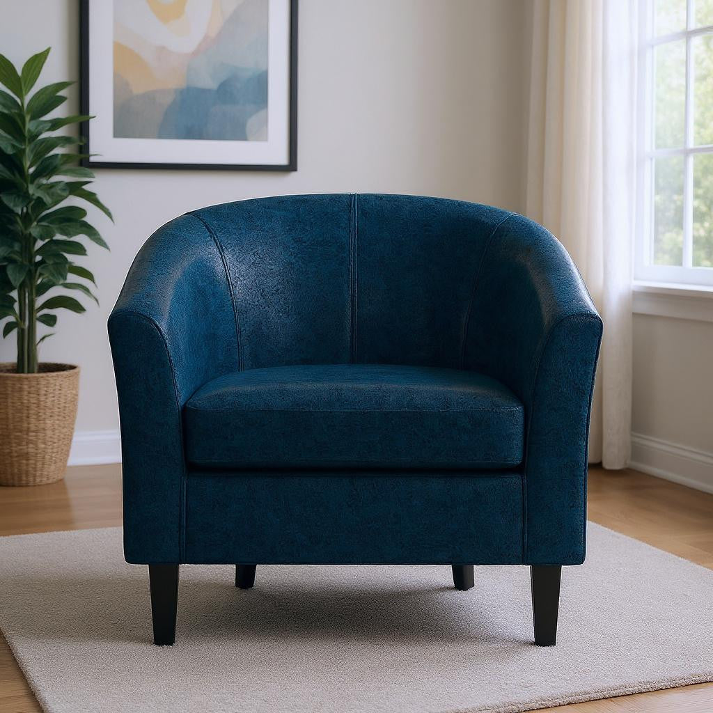 30" Blue and Dark Brown Leather Arm Chair