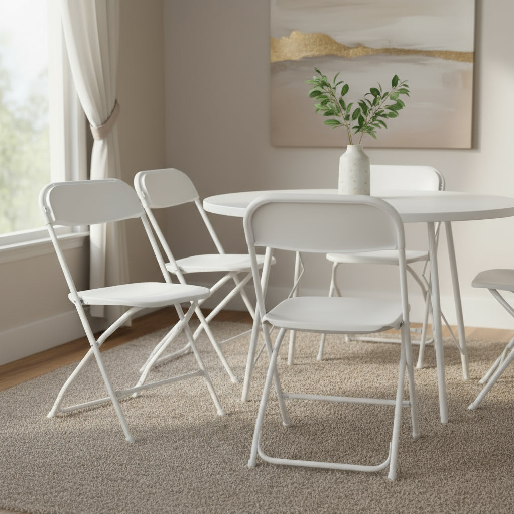 Set of Six White Metal Outdoor Folding Stacking Dining Chairs
