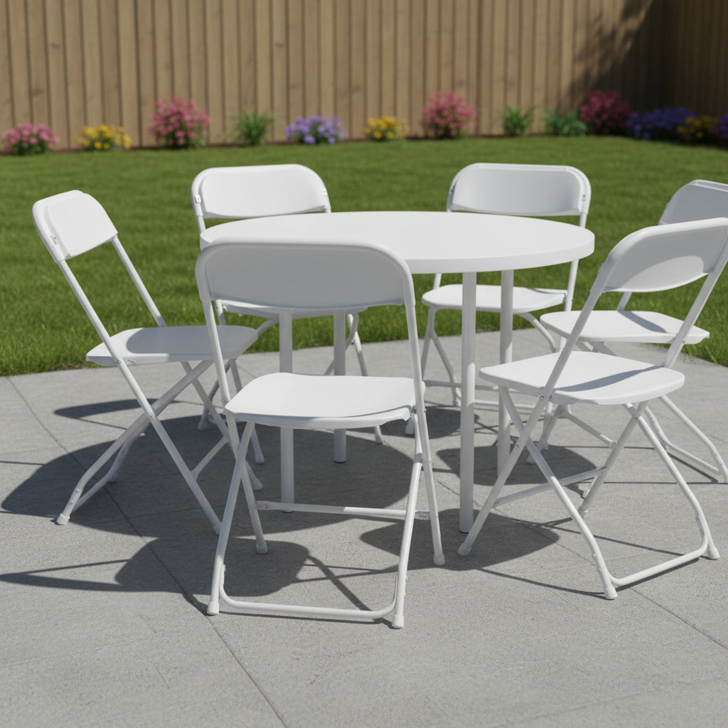 Set of Six White Metal Outdoor Folding Stacking Dining Chairs