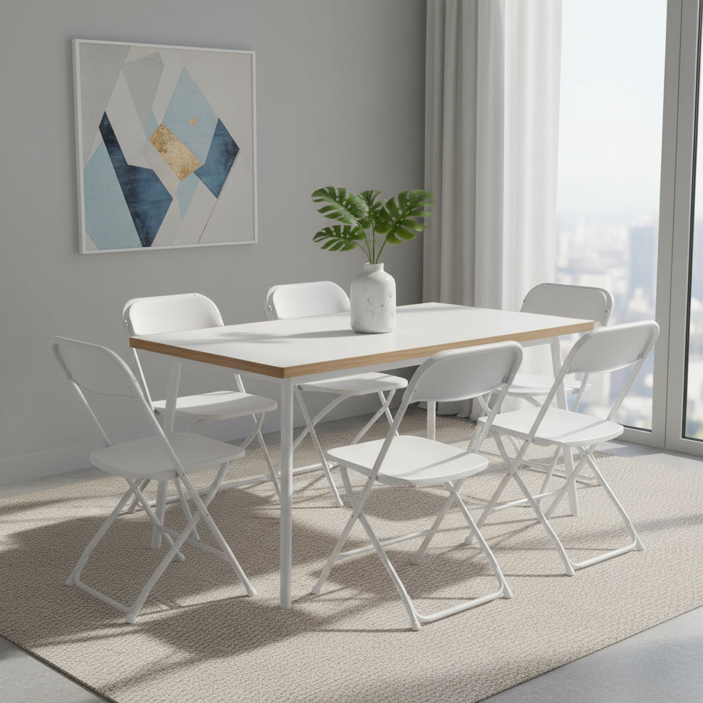 Set of Six White Metal Outdoor Folding Stacking Dining Chairs
