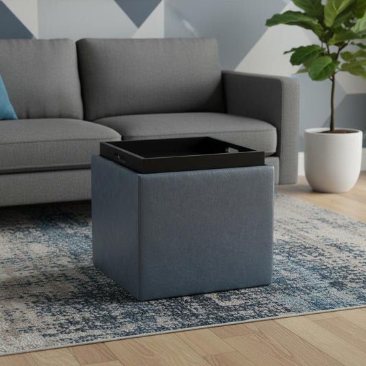 17" Denim Blue Upholstery Storage Ottoman