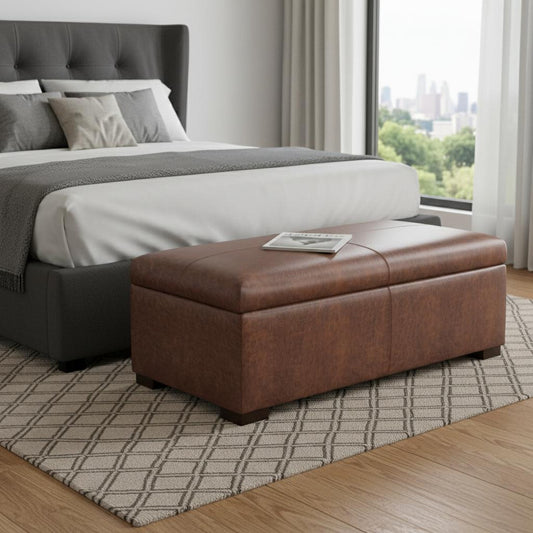 48" Walnut and Brown Upholstery Storage Ottoman