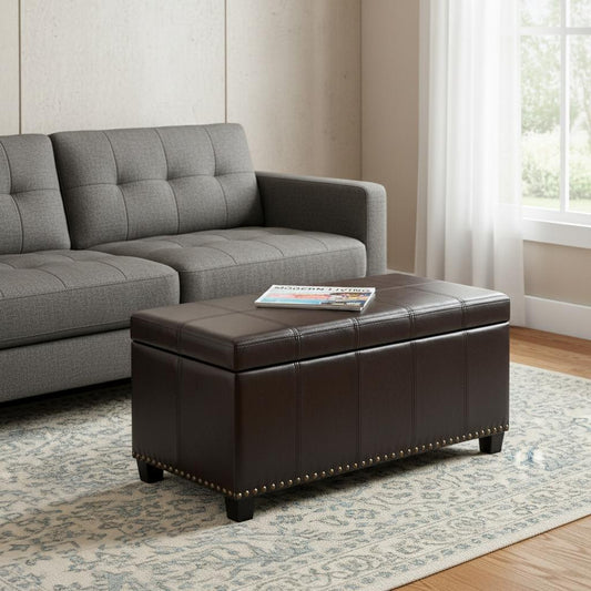 33" Espresso and Brown Upholstery Storage Ottoman