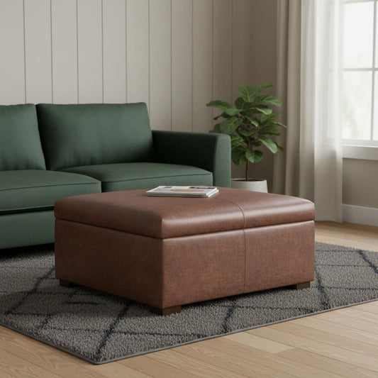 36" Walnut and Brown Upholstery Storage Ottoman
