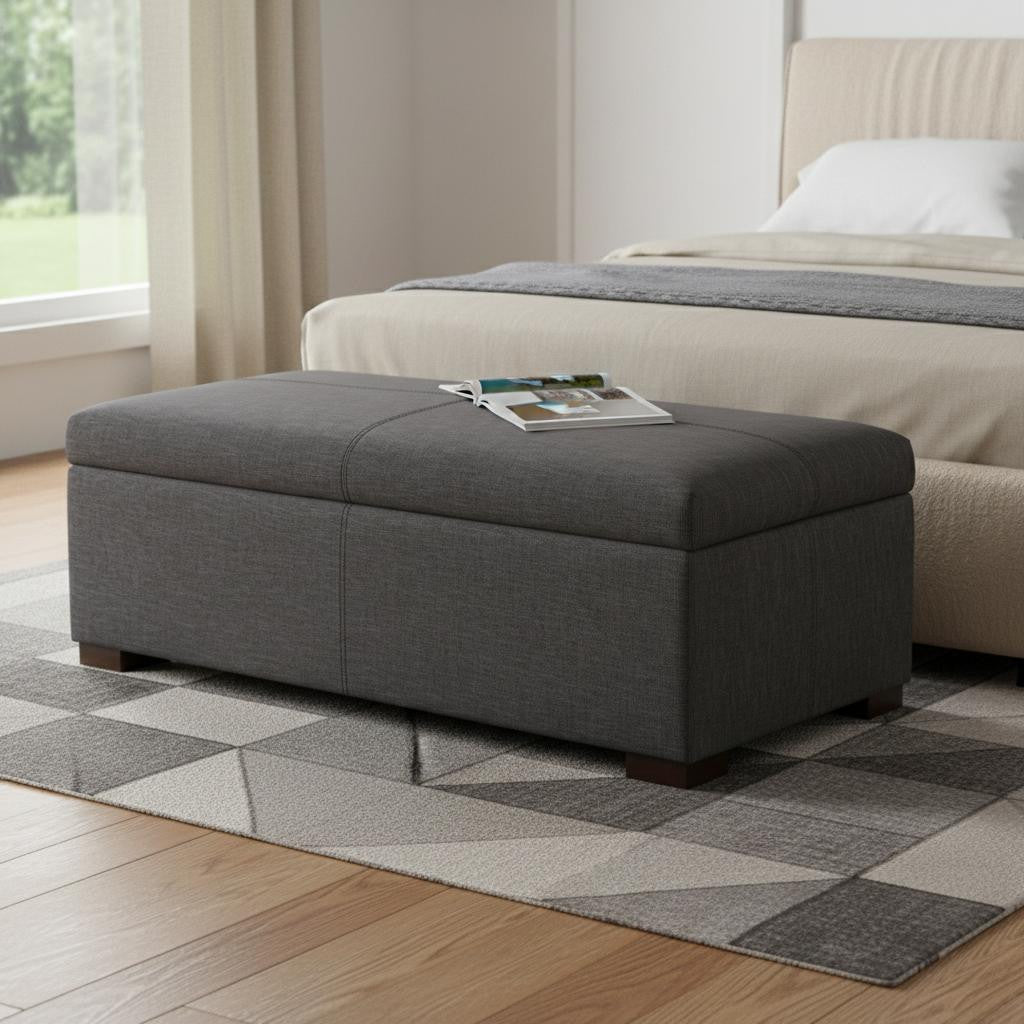 48" Walnut and Slate Gray Upholstery Storage Ottoman