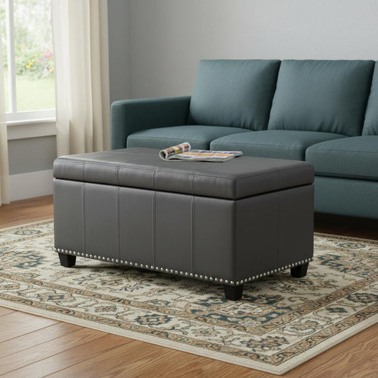 33" Espresso and Gray Upholstery Storage Ottoman