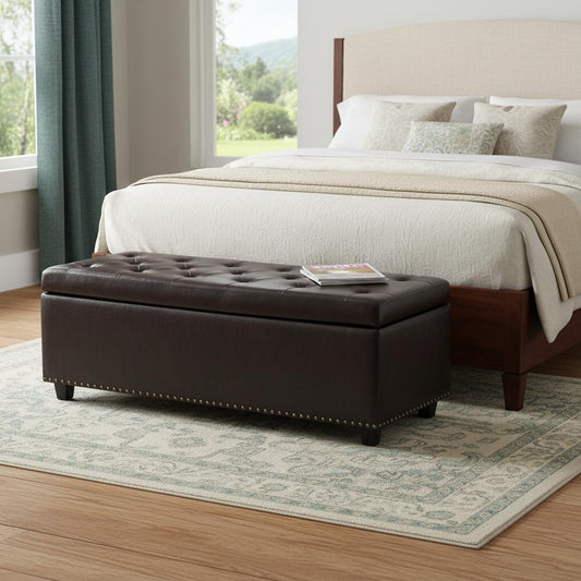 48" Dark Brown and Coffee Upholstery Storage Ottoman