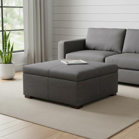 36" Walnut and Slate Gray Upholstery Storage Ottoman