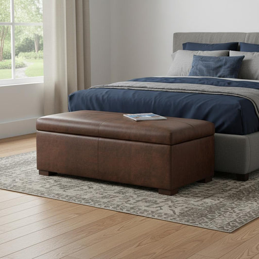 48" Walnut and Brown Upholstery Storage Ottoman