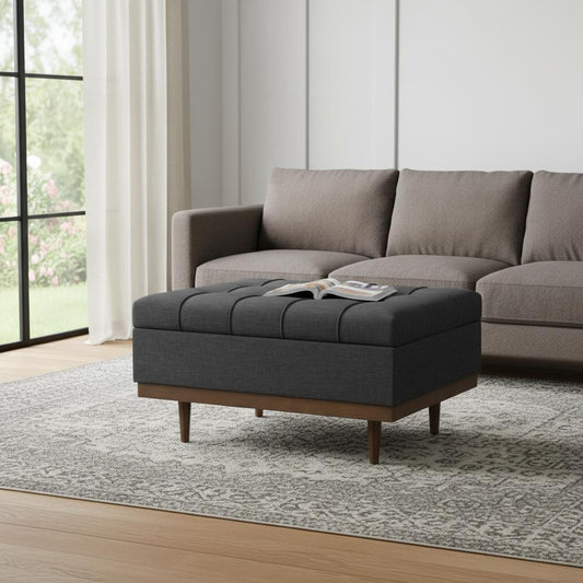 34" Walnut and Slate Gray Upholstery Storage Ottoman