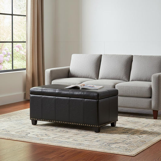 33" Espresso and Black Upholstery Storage Ottoman
