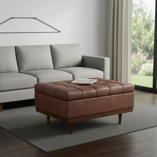 34" Walnut and Brown Upholstery Storage Ottoman